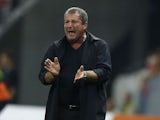 Montpellier's French coach Rolland Courbis reacts during the French L1 football match between Nice and Montpellier at the Allianz Riviera stadium in Nice, southeastern France, on October 4, 2014