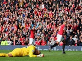 Radamel Falcao of Manchester United celebrates scoring his team's second goal during the Barclays Premier League match against Everton at Old Trafford on October 5, 2014