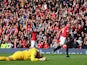 Radamel Falcao of Manchester United celebrates scoring his team's second goal during the Barclays Premier League match against Everton at Old Trafford on October 5, 2014