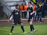 Real Madrid's Portuguese forward Cristiano Ronaldo celebrates with his teammate Gareth Bale after scoring a penalty during the UEFA Champions League Group B match between Ludogorets Razgrad and Real Madrid at the Vassil Levski stadium in Sofia on October 