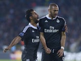 Real Madrid's French forward Karim Benzema celebrates with Real Madrid's defender Alvaro Arbeloa after scoring a goal during the UEFA Champions League Group B football match between Ludogorets Razgrad and Real Madrid at the Vassil Levski stadium in Sofia 