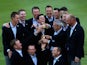 The victorious European Ryder Cup team celebrate with the trophy after the Singles Matches of the 2014 Ryder Cup on the PGA Centenary course at Gleneagles on September 28, 2014