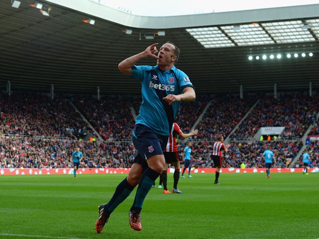 Charlie Adam of Stoke City celebrates scoring their first goal during the Barclays Premier League match between Sunderland and Stoke City at Stadium of Light on October 4, 2014