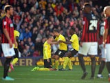 Daniel Tozser of Watford celebrates scoring during the Sky Bet Championship match between Watford and Brighton & Hove Albion at Vicarage Road on October 4, 2014