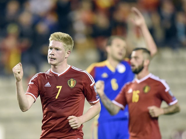Belgium's midfielder Kevin De Bruyne celebrates after scoring a penalty during the Euro 2016 qualifying round football match between Belgium and Andorra at the King Baudouin Stadium, on October 10, 2014 