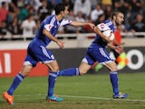 Cyprus' Konstantinos Makridis celebrates scoring against Israel during their Euro 2016 qualifying football match at the GSP Stadium in Nicosia on October 10, 2014