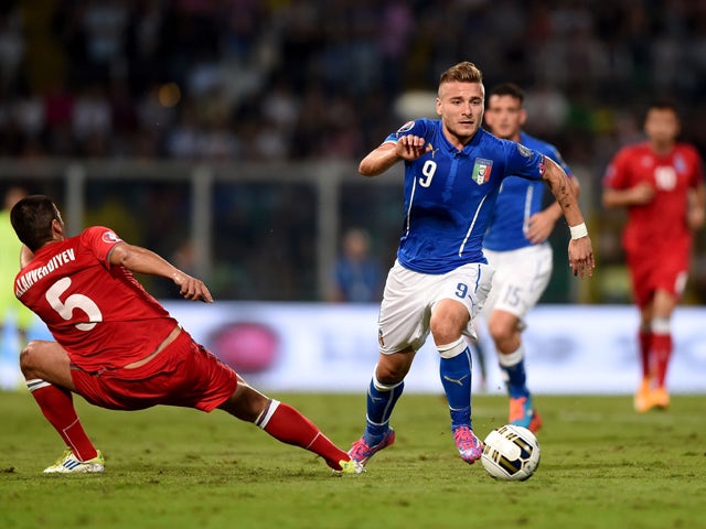 Ciro Immobile of Italy #9 in action during the EURO 2016 Group H Qualifier match between Italy and Azerbaijan at Stadio Renzo Barbera on October 10, 2014