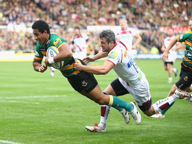Ken Pisi dives through to score the opening try for Saints during the Aviva Premiership match against Sale Sharks on October 11, 2014