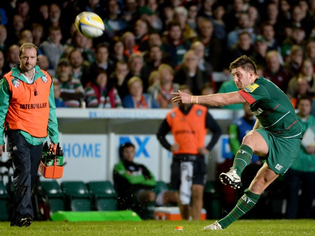 Owen Willaiams of Leicester Tigers kicks a penalty during the Aviva Premiership match between Leicester Tigers and Harlequins at Welford Road on October 10, 2014