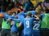 Slovakia's players celebrate after scoring during the UEFA Euro 2016 qualifying football match between Belarus and Slovakia in Borisov some 100 km from Minsk on October 12, 2014