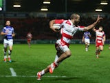 Charlie Sharples of Gloucester celebrates scoring his second try during the European Rugby Challenge Cup Pool 5 match against Brive on October 16, 2014