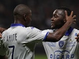 Bastia's French midfeilder Floyd Ayite (L) celebrates with Bastia's French Forward Hervin Ongenda after scoring during the French L1 football match against Nice on October 18, 2014