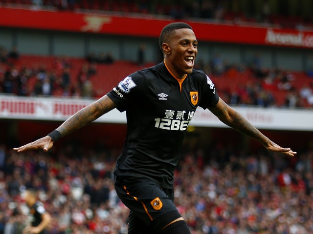 Abel Hernandez of Hull City celebrates after scoring his team's second goal during the Barclays Premier League match between Arsenal and Hull City at Emirates Stadium on October 18, 2014