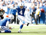 Adam Vinatieri #4 of the Indianapolis Colts kicks a field goal to put the first points on the score board during the first quarter against the Cincinnati Bengals on October 19, 2014 at Lucas Oil Stadium on October 19, 2014