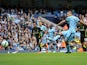 Manchester City's Argentinian striker Sergio Aguero scores their second goal from the penalty spot during the English Premier League football match between Manchester City and Tottenham Hotspur at the The Etihad Stadium in Manchester, north west England o