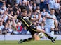 Manchester City's Argentinian striker Sergio Aguero scores his, and their fourth goal past Tottenham Hotspur's Belgian defender Jan Vertonghen during the English Premier League football match between Manchester City and Tottenham Hotspur at the The Etihad