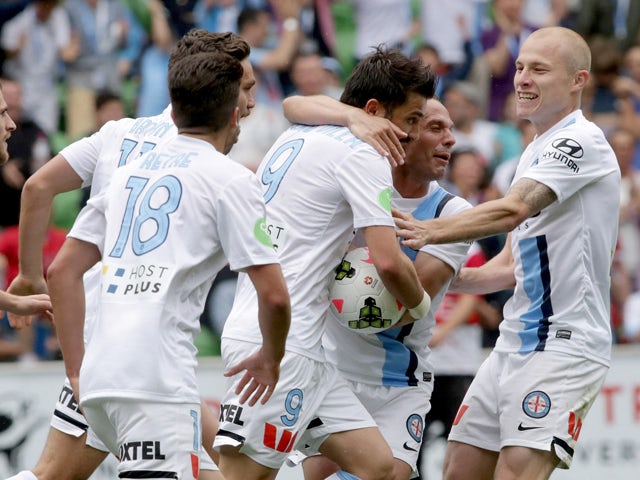 Melbourne players celebrate David Villa kicking a goal in the final minutes during the round two A-League match between Melbourne City and the Newcastle Jets at AAMI Park on October 19, 2014