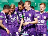 Andy Keogh of the Glory celebrates after scoring a goal during the round two A-League match between the Perth Glory and Brisbane Roar at nib Stadium on October 19, 2014