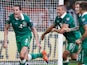 Republic of Ireland's defender John O'Shea celebrates scoring the last minute equalizer with his team-mates during the UEFA Euro 2016 Group D qualifying football match Germany vs Republic of Ireland in Gelsenkirchen, western Germany on October 14, 2014