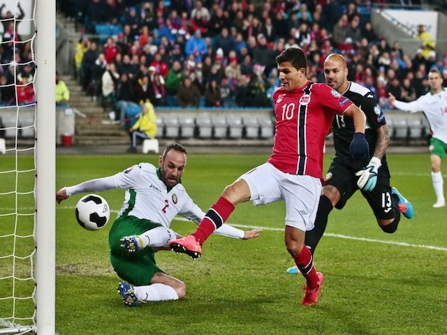 Norway's Tarik Elyounoussi scoring 1-0 during the Euro 2016 Group H qualifying football match Norway vs Bulgaria in Oslo, Norway on October 13, 2014