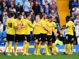 Almen Abdi of Watford is congratulated on scoring the second goal during the Sky Bet Championship match between Sheffield Wednesday and Watford at Hillsborough Stadium on October 18, 2014