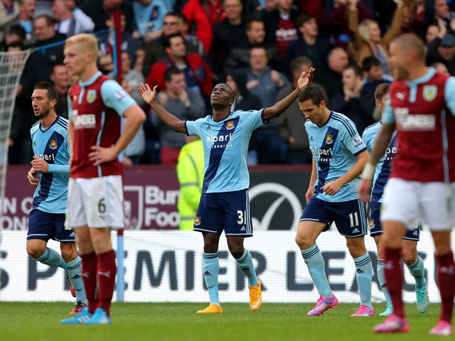Enner Valencia of West Ham celebrates after scoring his team's second goal during the Barclays Premier League match between Burnley and West Ham United at Turf Moor on October 18, 2014 