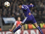 Anderlecht's midfielder from Honduras Andy Najar heads the ball to score against Arsenal during a UEFA Champions League group stage football match Anderlecht vs Arsenal at the Constant Vanden Stock stadium in Anderlecht on October 22, 2014