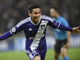 Anderlecht's midfielder from Honduras Andy Najar celebrates after scoring during a UEFA Champions League group stage football match Anderlecht vs Arsenal at the Constant Vanden Stock stadium in Anderlecht on October 22, 2014