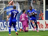 Bastia's French midfielder Christopher Maboulou celebrates after scoring a goal during the French L1 football match between Bastia (SCB) and Monaco (ASM) in Bastia, Corsica, France on October 25, 2014