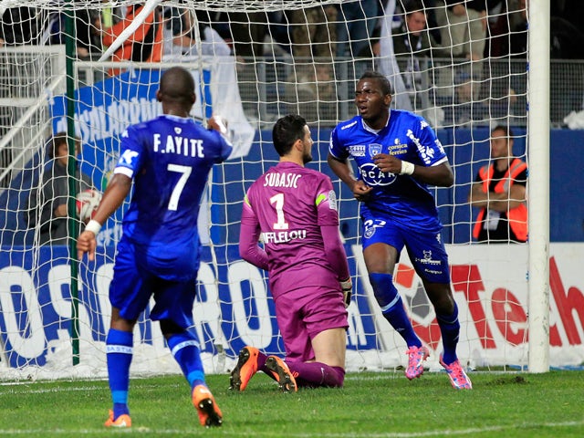 Bastia's French midfielder Christopher Maboulou celebrates after scoring a goal during the French L1 football match between Bastia (SCB) and Monaco (ASM) in Bastia, Corsica, France on October 25, 2014