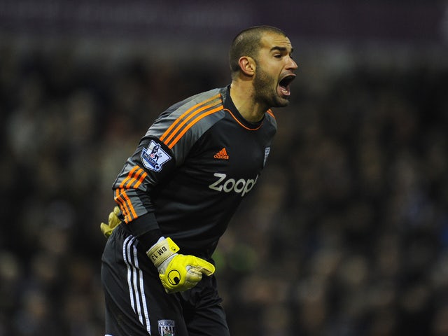 West Brom keeper Boaz Myhill reacts during the Barclays Premier League match between West Bromwich Albion and Norwich City at The Hawthorns on December 7, 2013