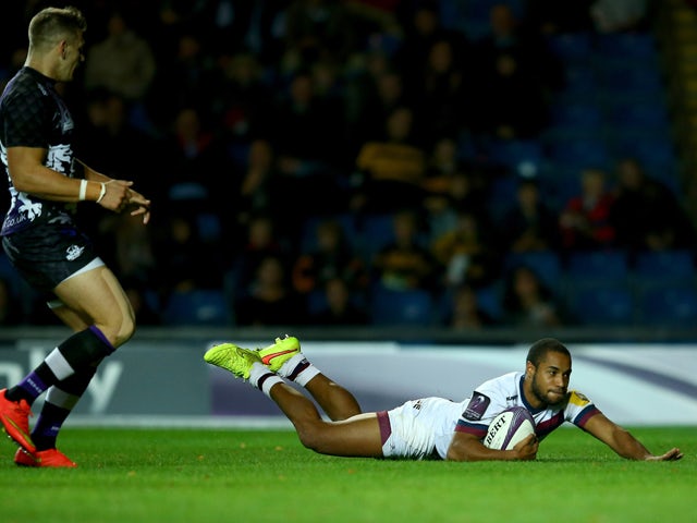 Darly Domvo of Bordeaux slides over to score a try during the European Rugby Challenge Cup match between London Welsh and Bordeaux Begles at the Kassam Stadium on October 23, 2014