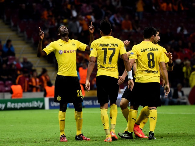Adrian Ramos #20 of Borussia Dortmund celebrates after scoring his team's fourth goal during UEFA Champions League Group D match between Galatasaray and Borussia Dortmund at Turk Telekom Arena on October 22, 2014