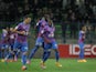 Caen's French forward Lenny Nangis celebrates with teammates after scoring a goal during the French L1 football match between Caen (SMC) and Lorient (FCL) at the Michel d'Ornano stadium in Caen, northwestern France on October 25, 2014