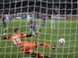 Caen's French forward Mathieu Duhamel scores a penalty in the nets of Lorient's goalkeeper Benjamin Lecomte during the French L1 football match between Caen (SMC) and Lorient (FCL) at the Michel d'Ornano stadium in Caen, northwestern France on October 25,