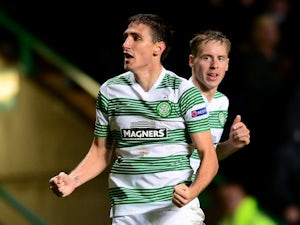 Stefan Scepovic of Celtic celebrates scoring his goal during the UEFA Europa League group D match between Celtic FC and FC Astra Giurgiu at Celtic Park on October 23, 2014