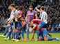 Brede Hangeland of Crystal Palace is mobbed by team mates after scoring the opening goal during the Barclays Premier League match between West Bromwich Albion and Crystal Palace at The Hawthorns on October 25, 2014