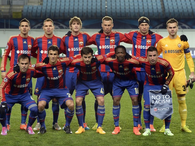 CSKA Moscow players line up ahead of the Champions League tie against Manchester City on October 21, 2014