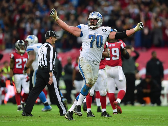 Garrett Reynolds #70 of the Detroit Lions celebrates victory during the NFL match between Detroit Lions and Atlanta Falcons at Wembley Stadium on October 26, 2014