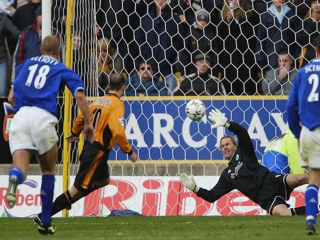Ian Walker the Leicester goalkeeper fails to keep out a penalty by Colin Cameron of Wolves during the FA Barclaycard Premiership match on October 25, 2003