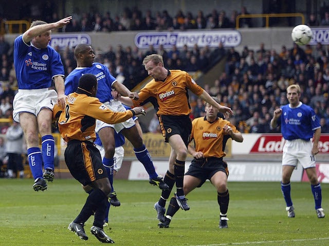 Les Ferdinand of Leicester heads in the opening goal during the FA Barclaycard Premiership match against Wolverhampton Wanderers on October 25, 2003