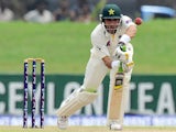 Pakistan cricket team captain Misbah-ul-Haq plays a shot during the first day of the opening Test match between Sri Lanka and Pakistan at the Galle International Cricket Stadium in Galle on August 6, 2014