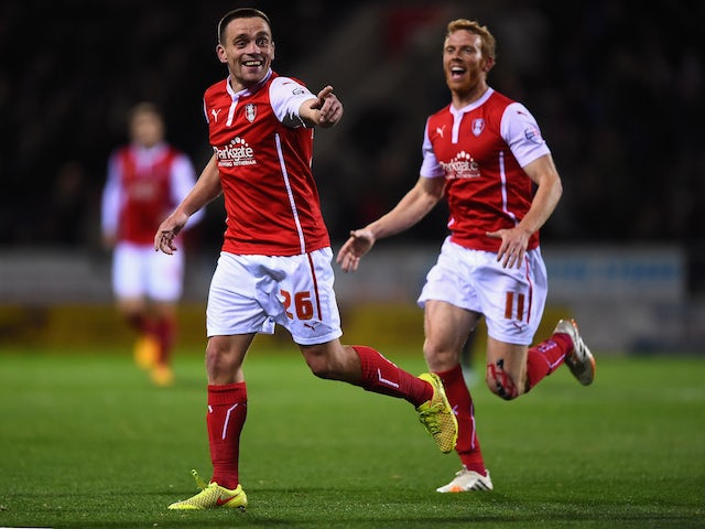Paul Taylor of Rotherham United celebrates his first half goal during the Sky bet Championship match between Rotherham United and Fulham at The New York Stadium on October 21, 2014
