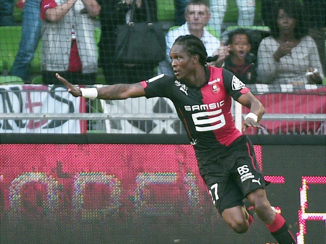Rennes' Central African forward Habib Habibou celebrates after scoring a goal during the French L1 football match between Rennes (SRFC) and Lille (LOSC) on October 26, 2014 