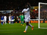Wilfried Bony of Swansea City celebrates scoring their second goal during the Barclays Premier League match between Swansea City and Leicester City at Liberty Stadium on October 25, 2014
