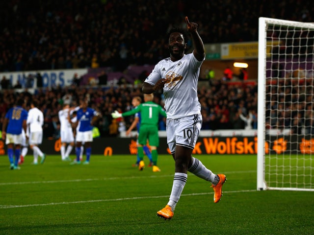 Wilfried Bony of Swansea City celebrates scoring their second goal during the Barclays Premier League match between Swansea City and Leicester City at Liberty Stadium on October 25, 2014