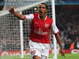 Theo Walcott of Arsenal celebrates his second goal and Arsenal's fifth during the UEFA Champions League Group H match between Arsenal and Slavia Prague on October 23, 2007