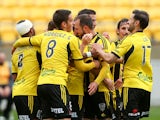 Phoenix players celebrate the goal of Michael McGlinchey during the round three A-League match between the Wellington Phoenix and the Newcastle Jets at Westpac Stadium on October 26, 2014