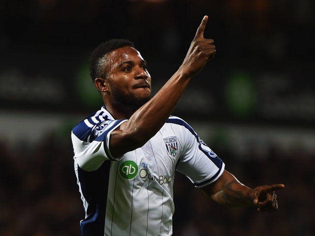 Stephane Sessegnon of West Bromwich Albion celebrates as he scores their first goal during the Barclays Premier League match between West Bromwich Albion and Manchester United at The Hawthorns on October 20, 2014