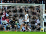Aston Villa player Andreas Weimann scores the opening goal during the Barclays Premier League match against Spurs on November 2, 2014